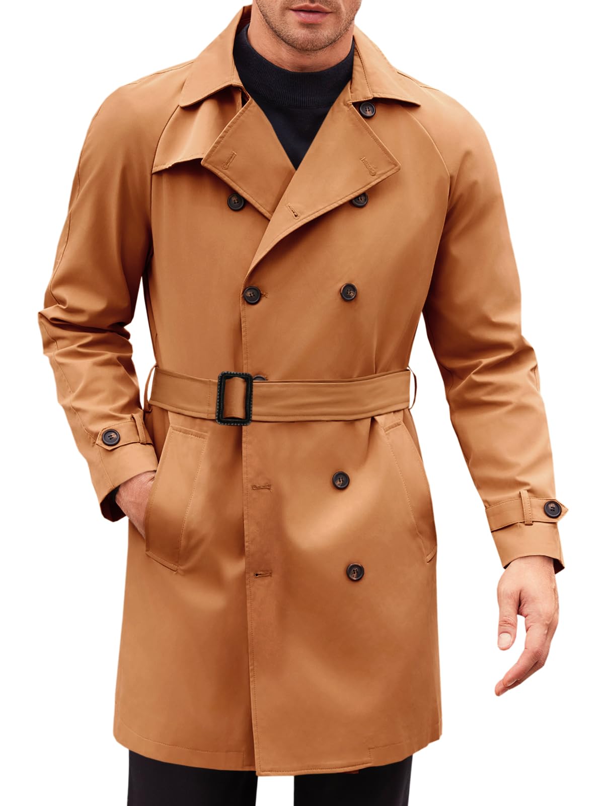 Runcati Mens Trench Coat Double Breasted Mid Long Jacket Casual Belted Overcoat Notched Lapel Windbreaker Mid Long Trenc