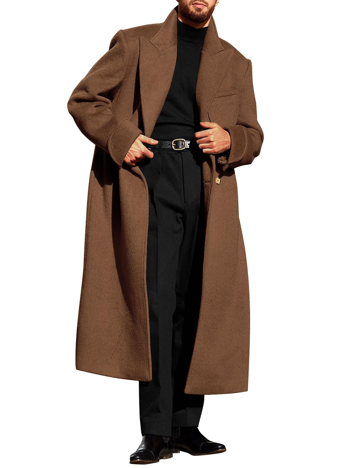 Runcati Mens Wool Blend Pea Coat Notched Collar Double Breasted Long Jacket Trench Coats Classic Winter Overcoat for Men